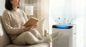 woman sitting on couch while air purifiers helps witth her allergies