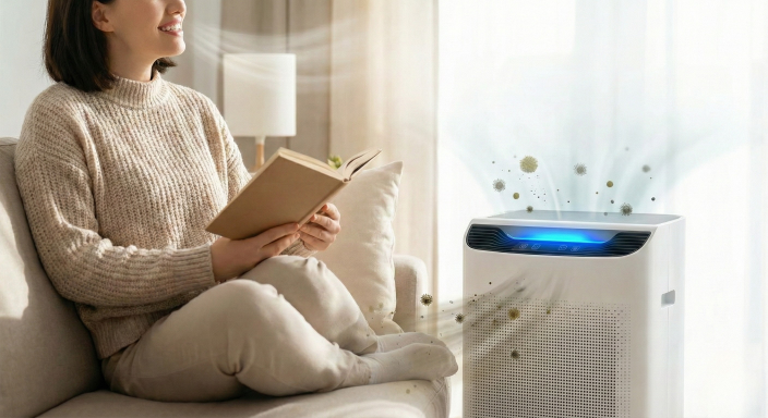 woman sitting on couch while air purifiers helps witth her allergies